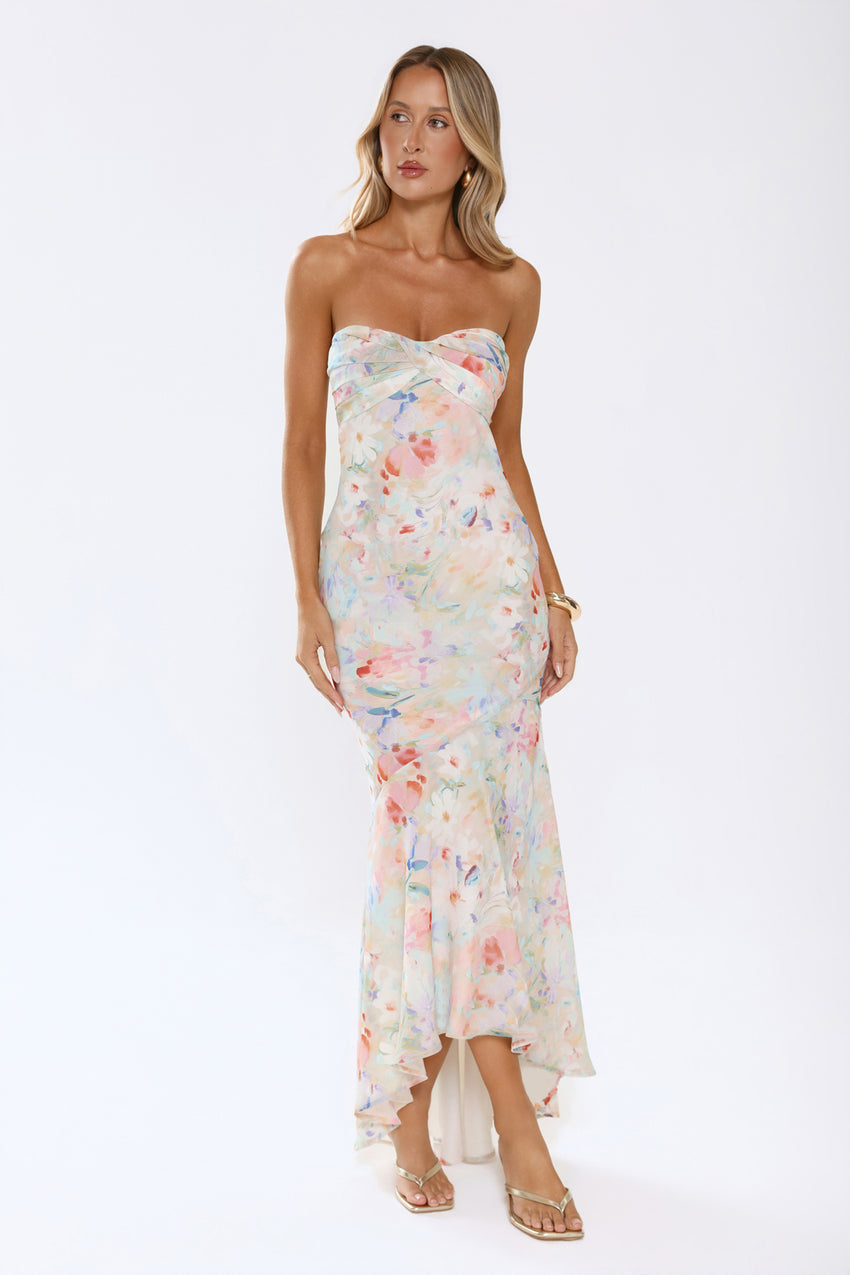 Cute Comes First Strapless Maxi Dress Print