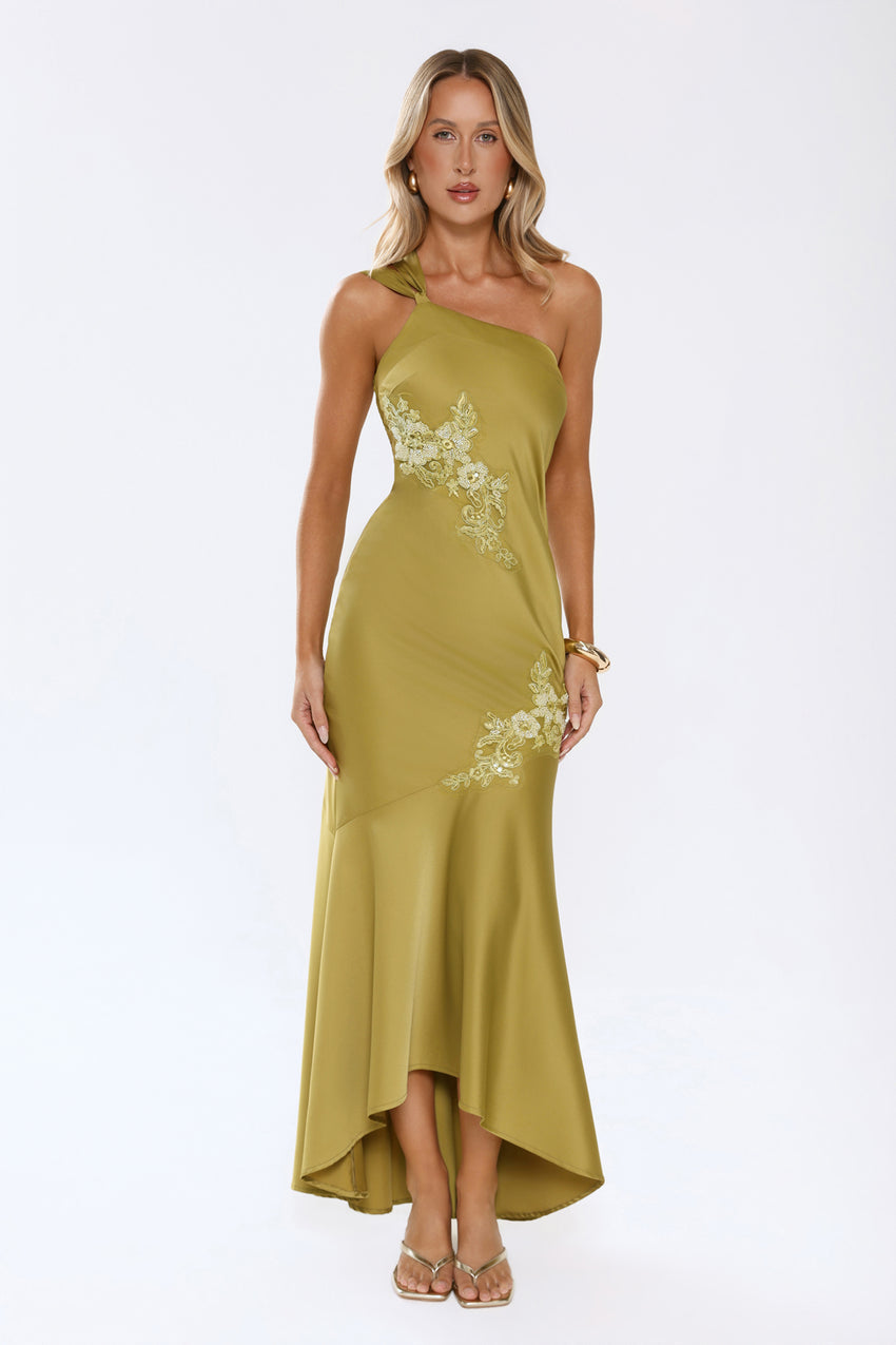Jelly Glow One Shoulder Satin Maxi Dress Olive