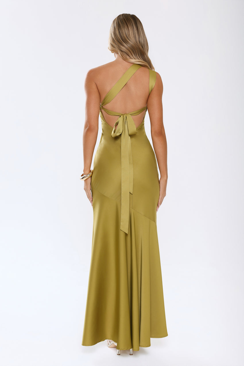 Jelly Glow One Shoulder Satin Maxi Dress Olive