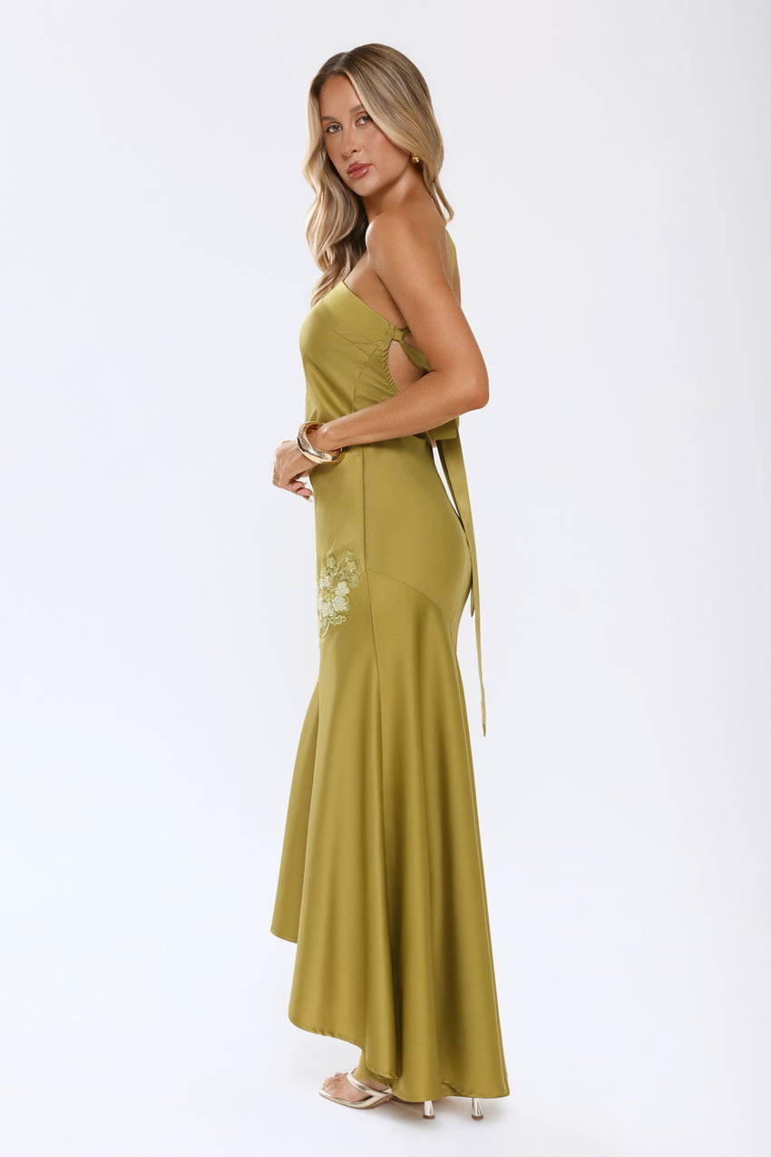 Jelly Glow One Shoulder Satin Maxi Dress Olive