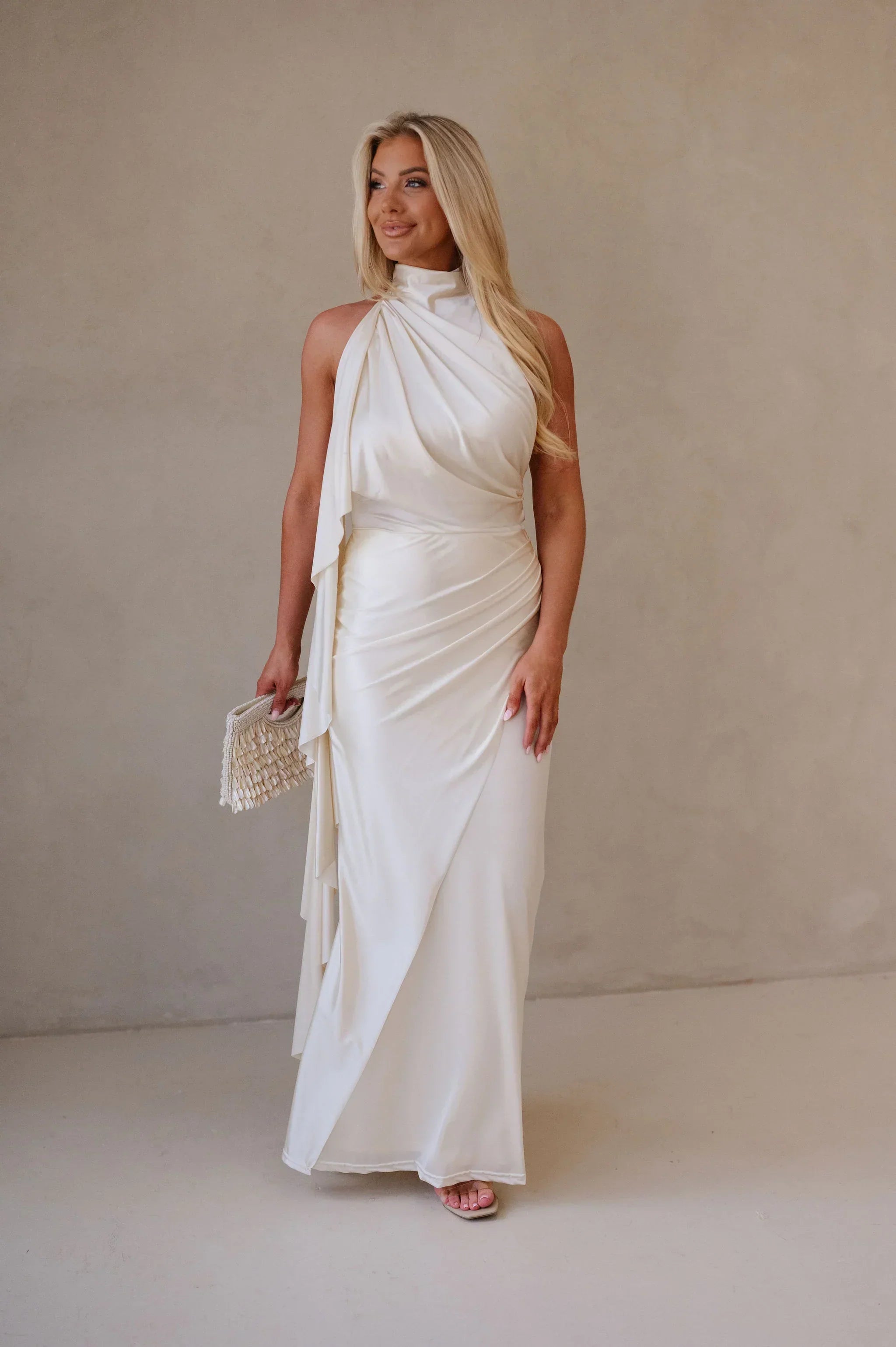 Halter Neck Satin Jersey Maxi Dress-Ivory