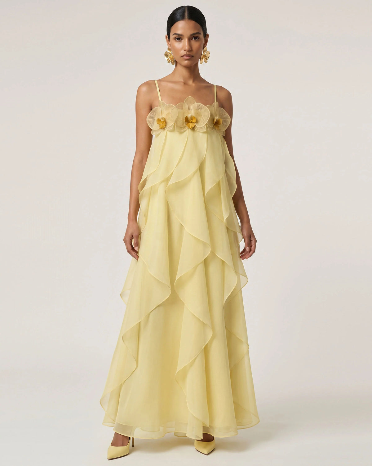Orchid Embroidered Organza Maxi Dress - Light Yellow