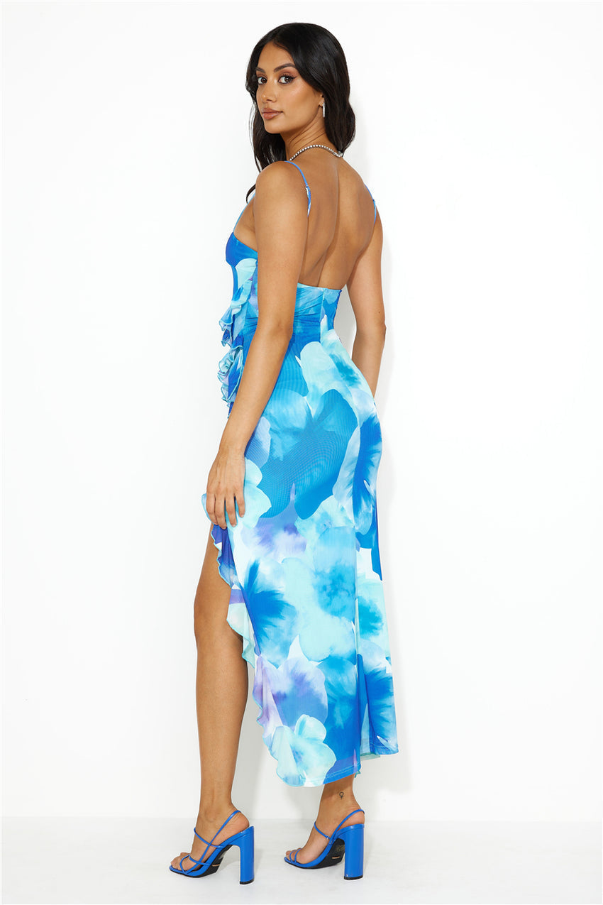 Glad We Met Mesh Frills Maxi Dress Blue