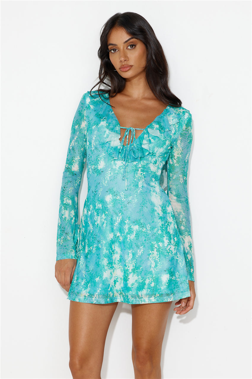 Fun For All Long Sleeve Mesh Mini Dress Green