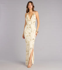 Maren Floral Sequin Mesh Halter Formal Dress