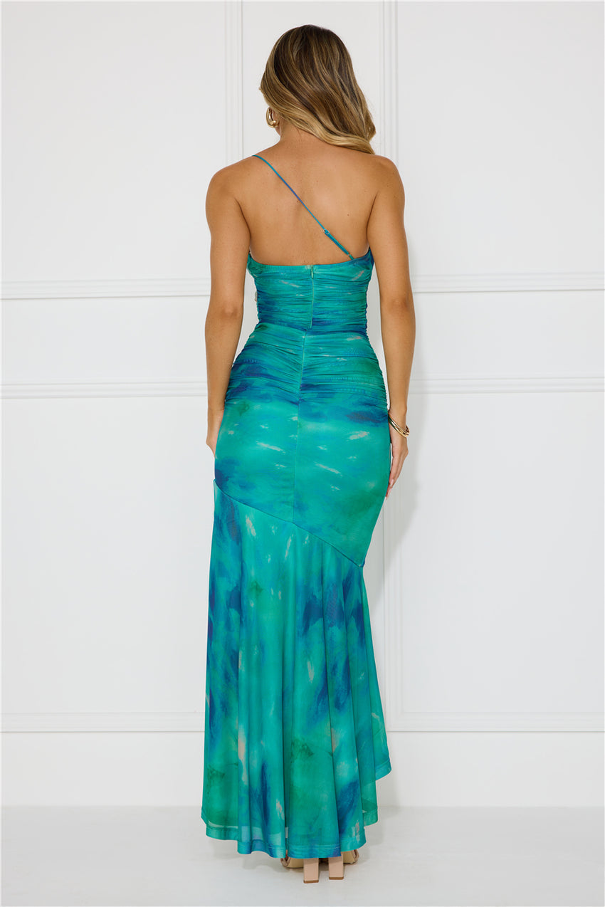 Fabulous Vibe One Shoulder Mesh Maxi Dress Green