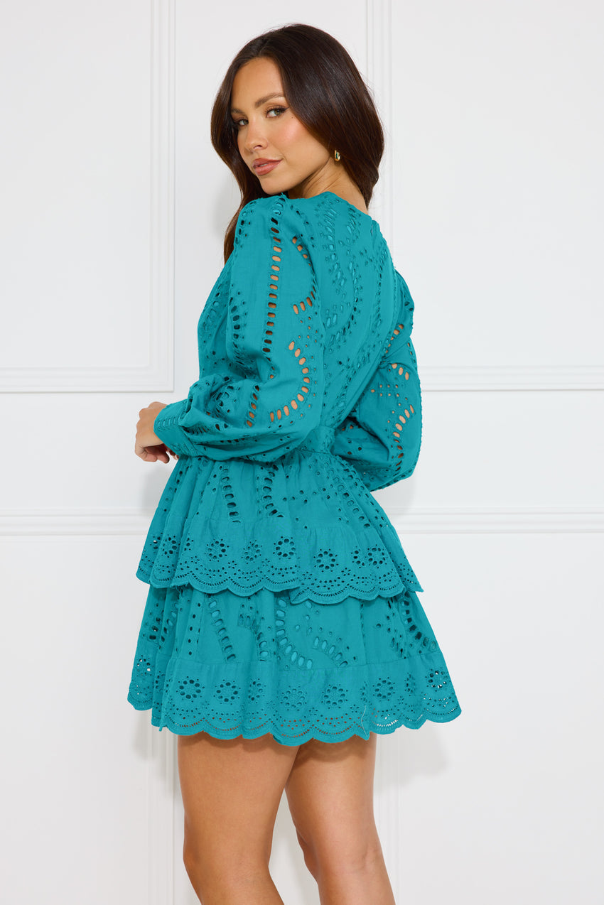 Elevated Experience Embroidered Long Sleeve Mini Dress Teal