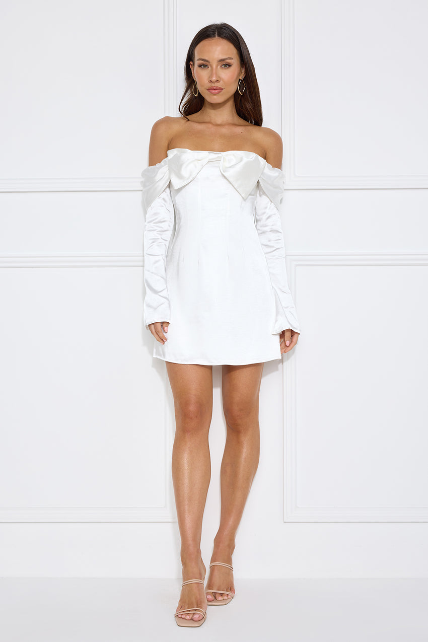Delicacy Bow Satin Off Shoulder Mini Dress White