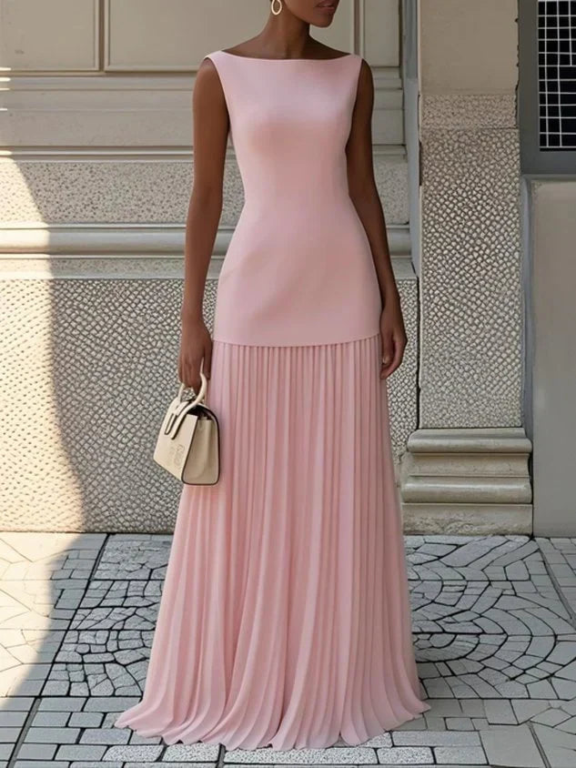 Livette - Boat Neck Pleated Maxi Dress
