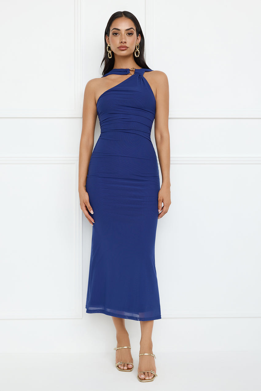 Nightlife Chic One Shoulder Mesh Midi Dress Blue