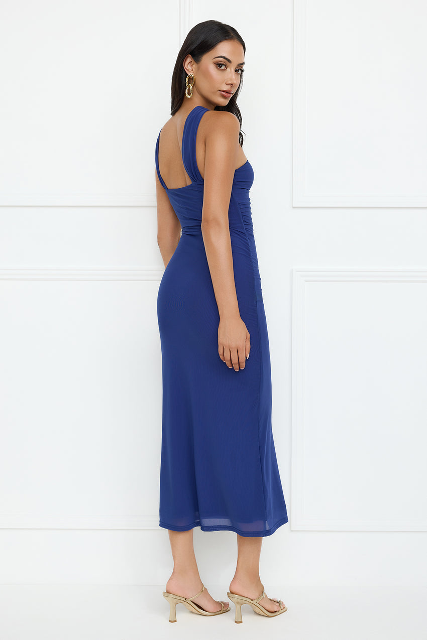 Nightlife Chic One Shoulder Mesh Midi Dress Blue