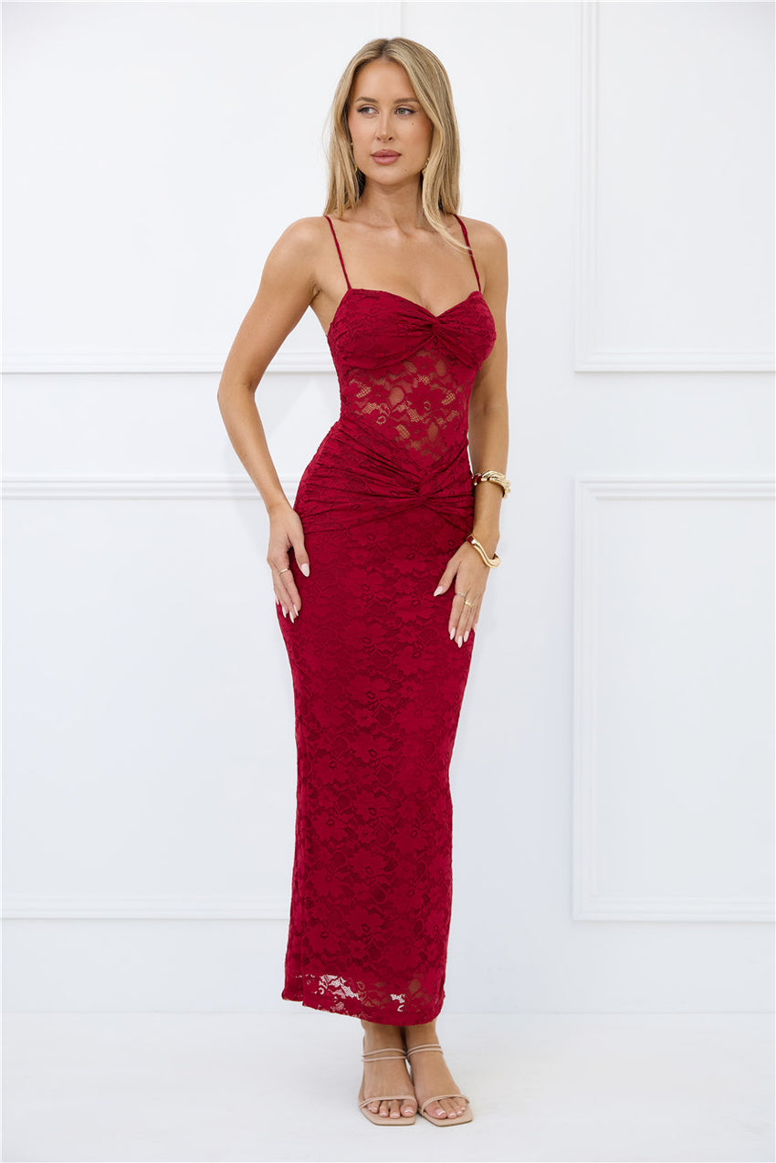 Chic After Dark Lace Maxi Dress Burgundy