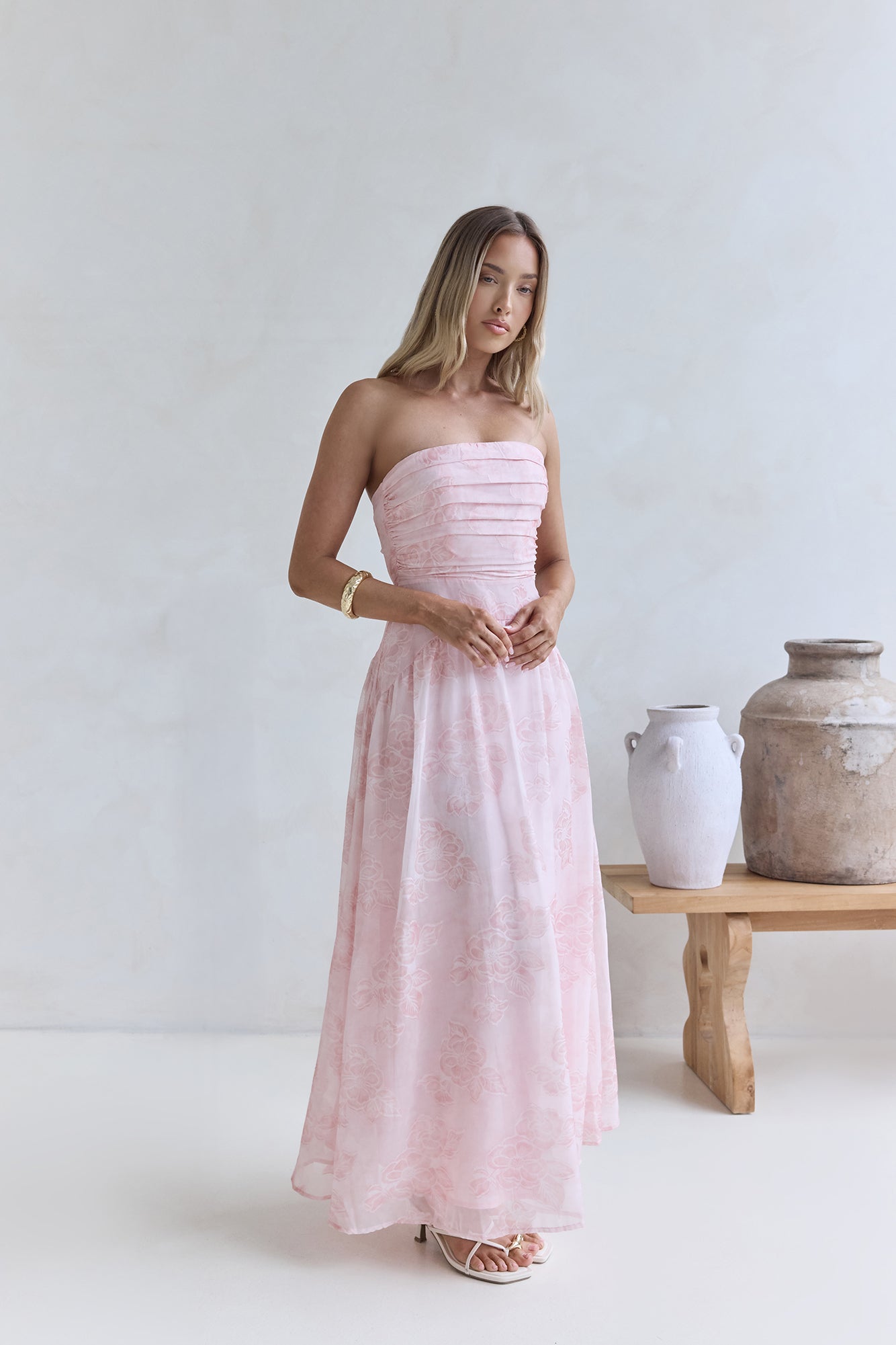 Cloud Kissed Paths Strapless Maxi Dress Pink