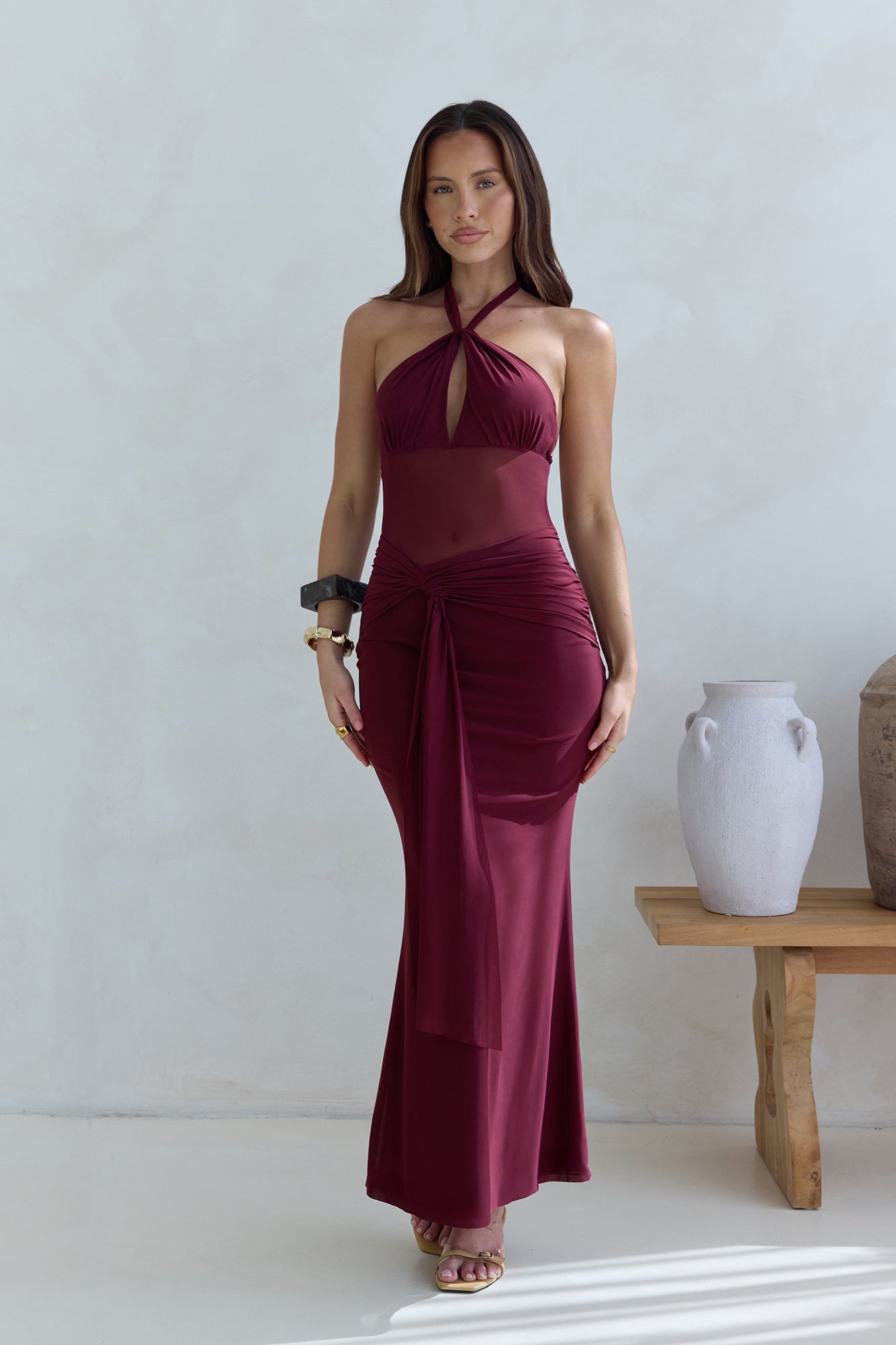 Taste Of Luxe Halter Mesh Maxi Dress Burgundy