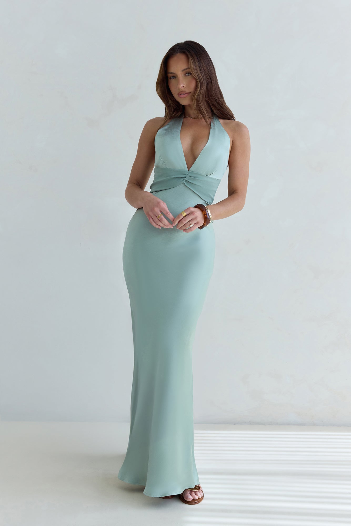 Destinations Halter Satin Maxi Dress Sage