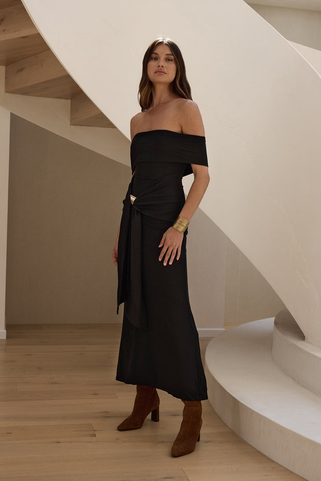 Martini Bloom Off Shoulder Knit Maxi Dress Black