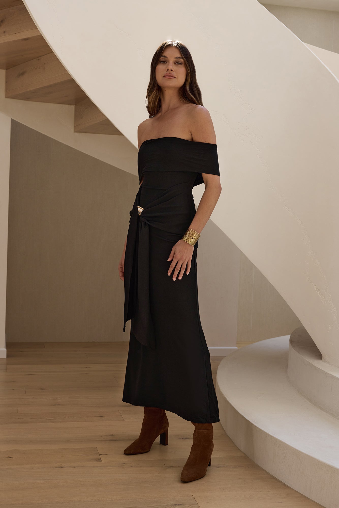 Martini Bloom Off Shoulder Knit Maxi Dress Black