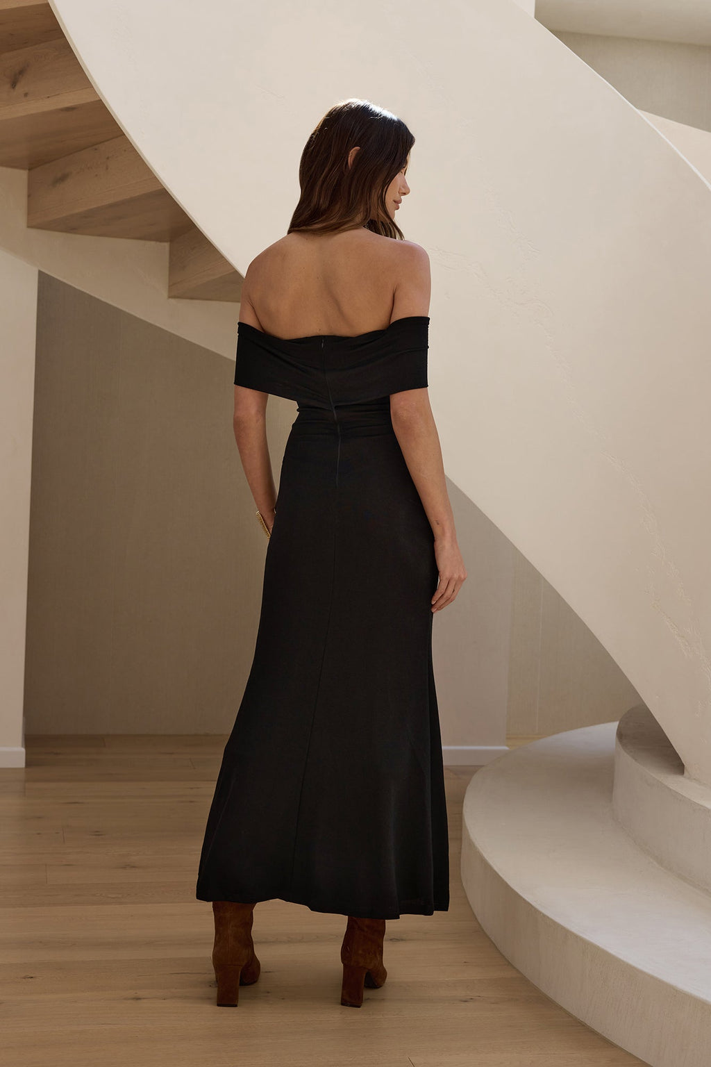 Martini Bloom Off Shoulder Knit Maxi Dress Black