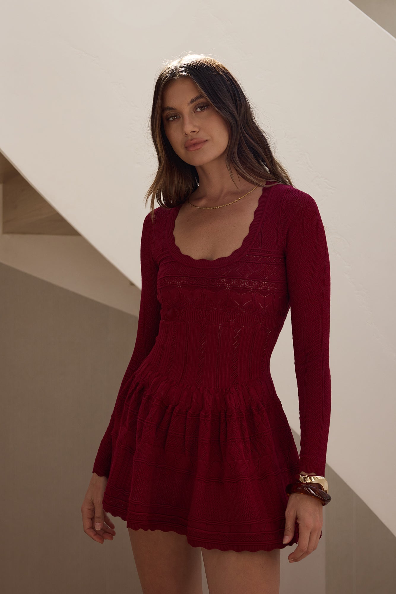 Pretty Portrait Long Sleeve Mini Dress Wine