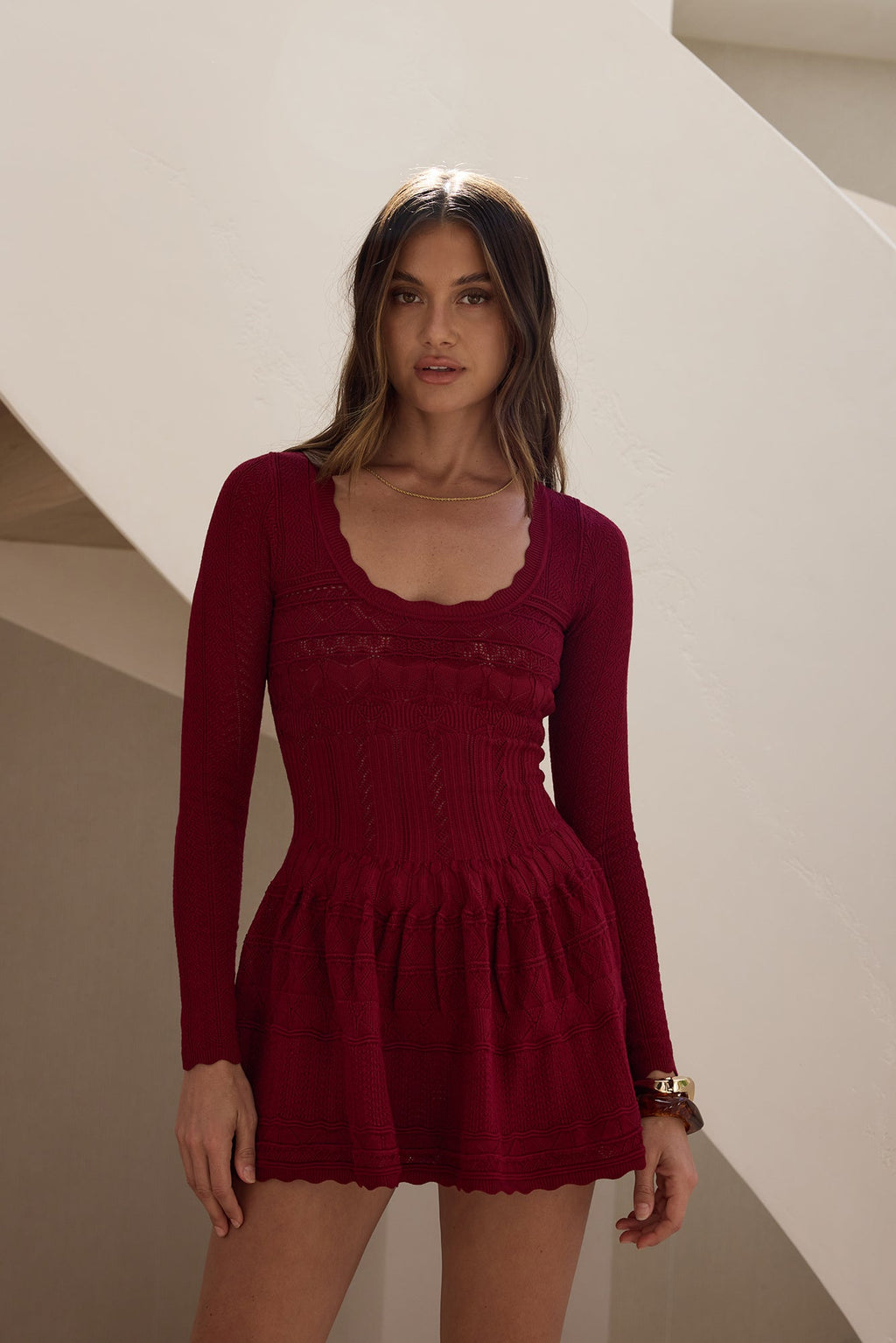 Pretty Portrait Long Sleeve Mini Dress Wine