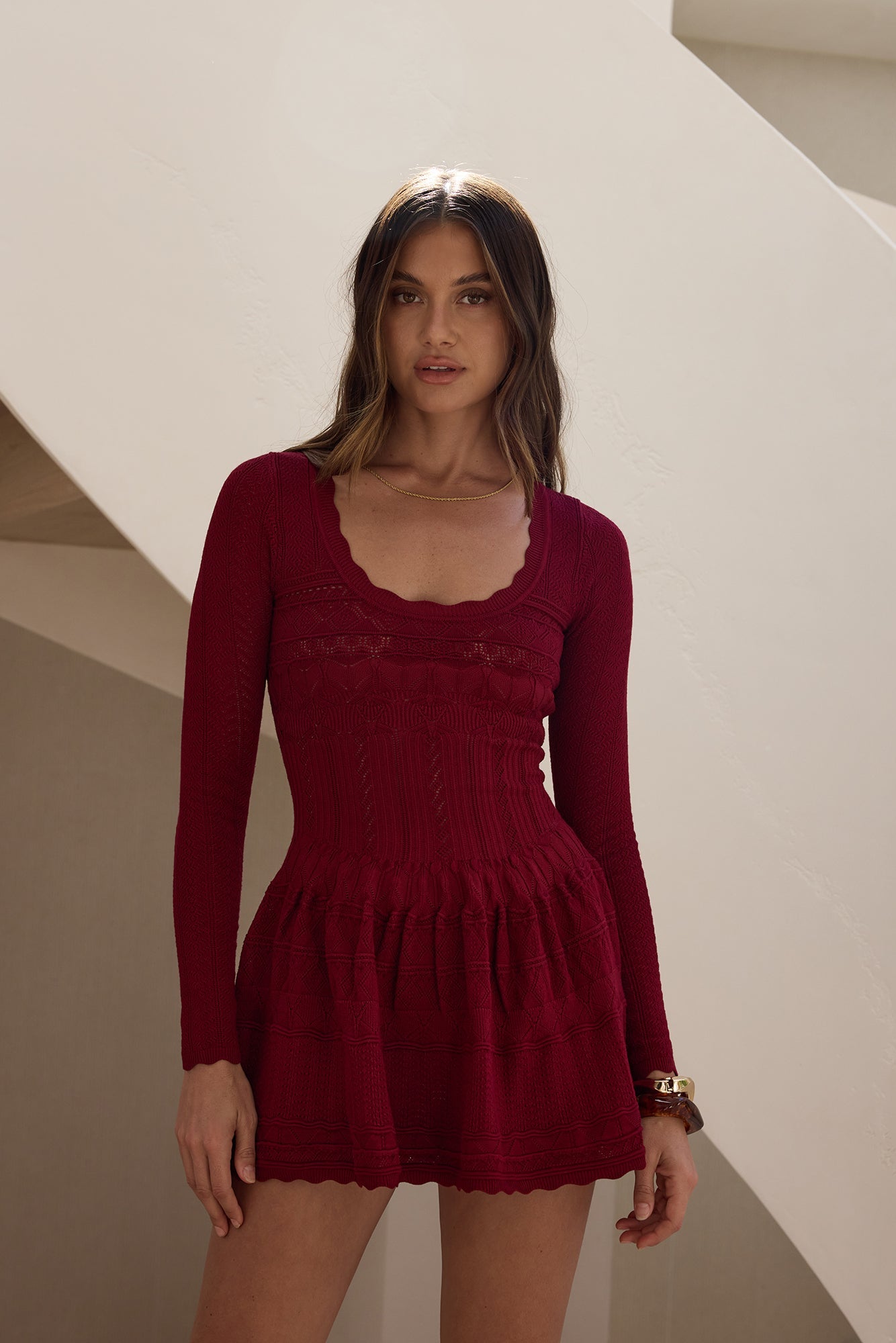 Pretty Portrait Long Sleeve Mini Dress Wine
