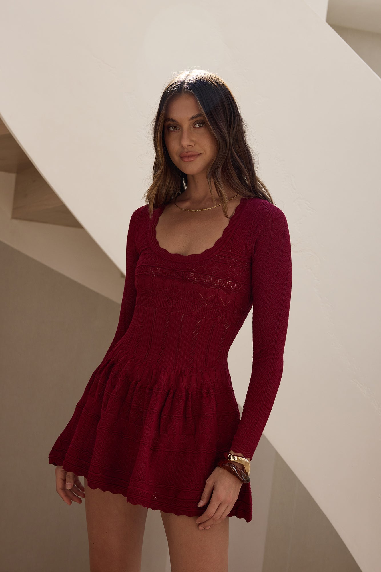 Pretty Portrait Long Sleeve Mini Dress Wine
