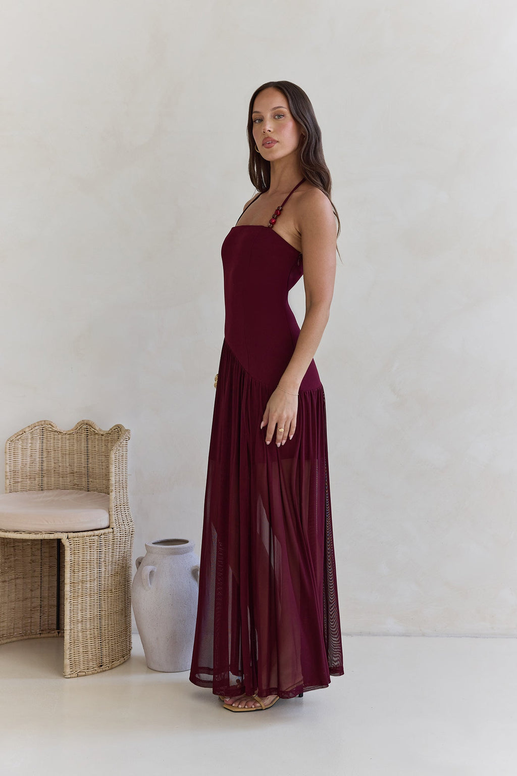 Feel The Light Halter Mesh Maxi Dress Burgundy