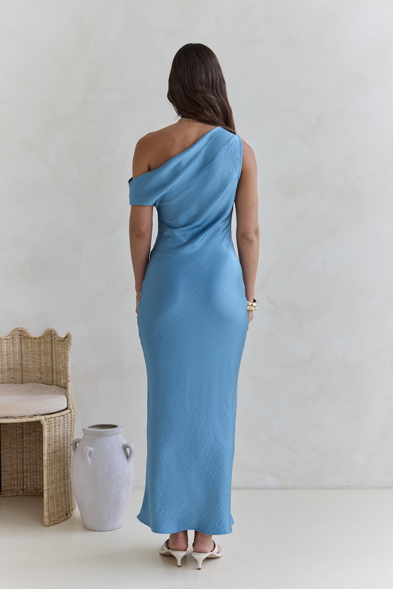 Noir Evenings Off Shoulder Satin Maxi Dress Blue