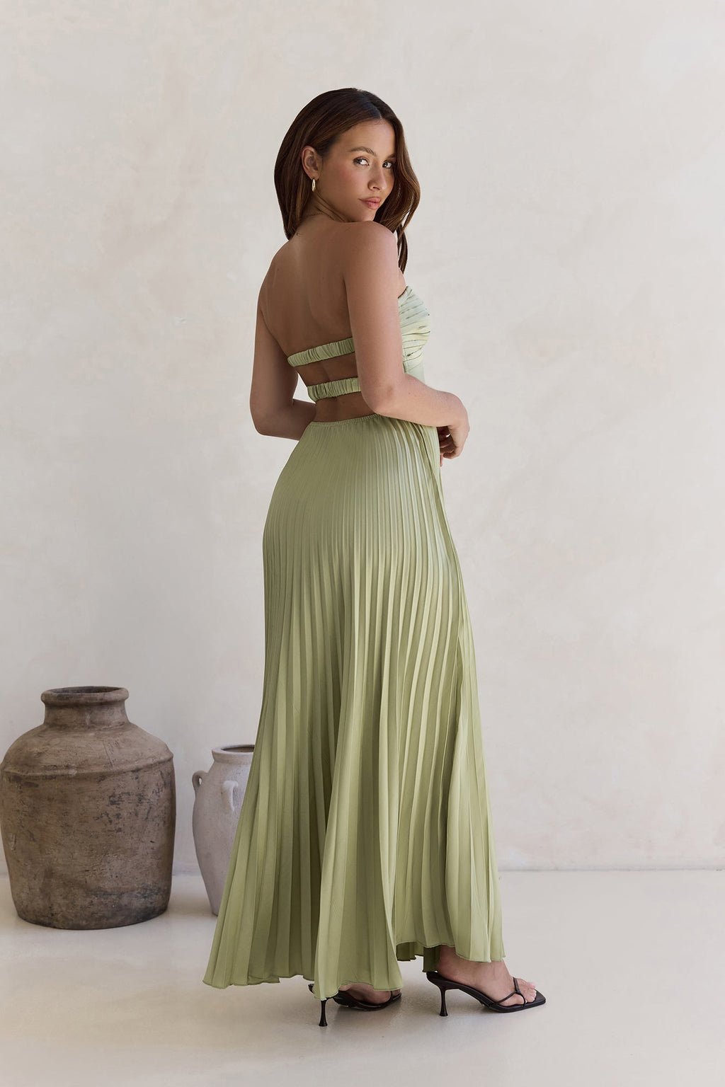 Decades Ago Plisse Strapless Maxi Dress Green