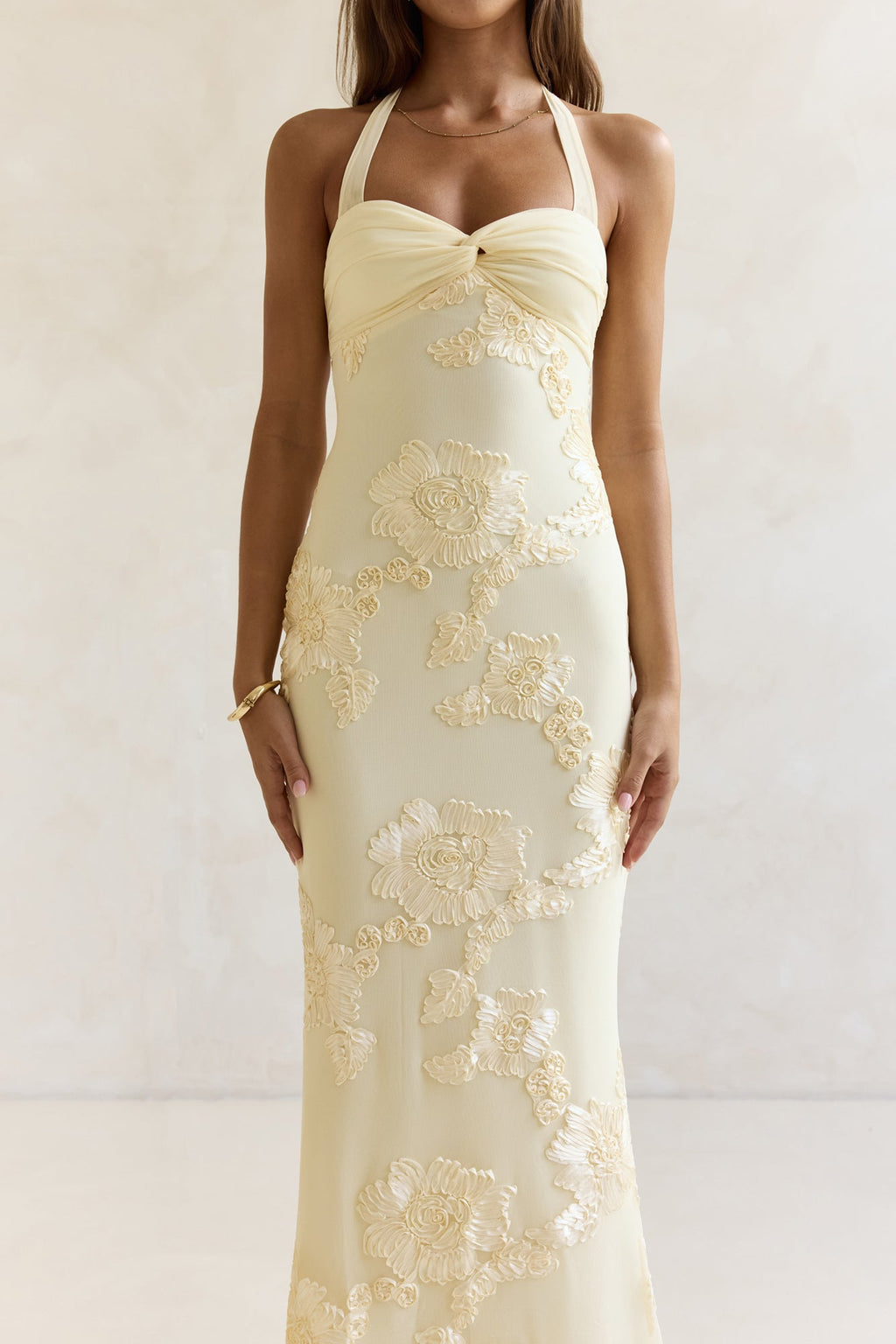 Skybloom Mesh Halter Maxi Dress Yellow