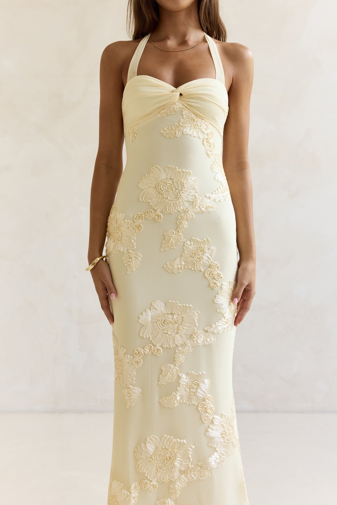 Skybloom Mesh Halter Maxi Dress Yellow