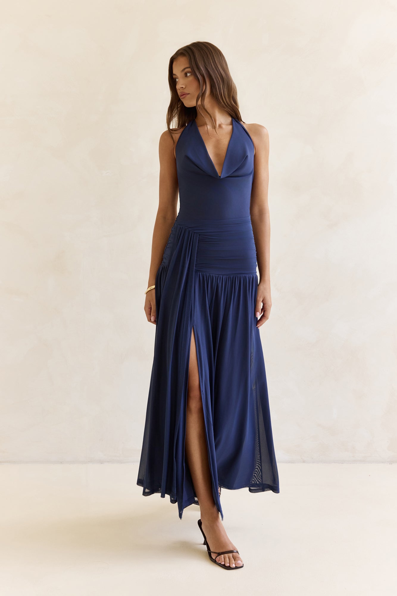 Dancing Skies Mesh Halter Maxi Dress Navy