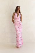 Blooming Loves Mesh Halter Maxi Dress Pink
