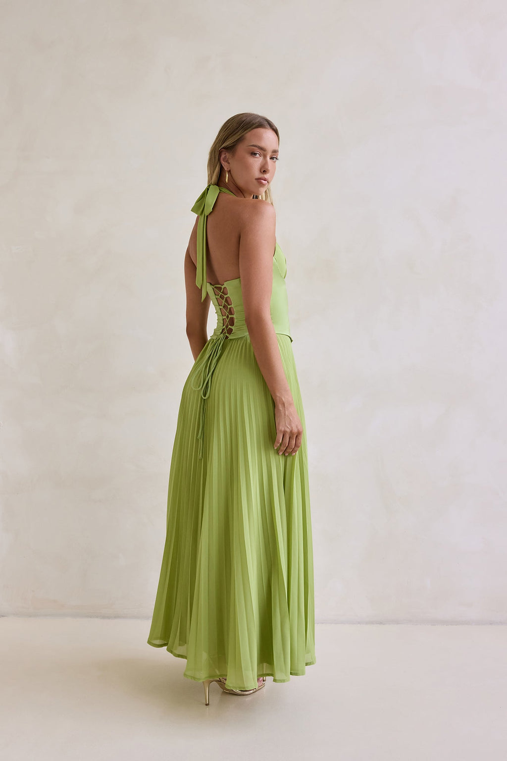 Paradise Falls Plisse Halter Maxi Dress Lime Green