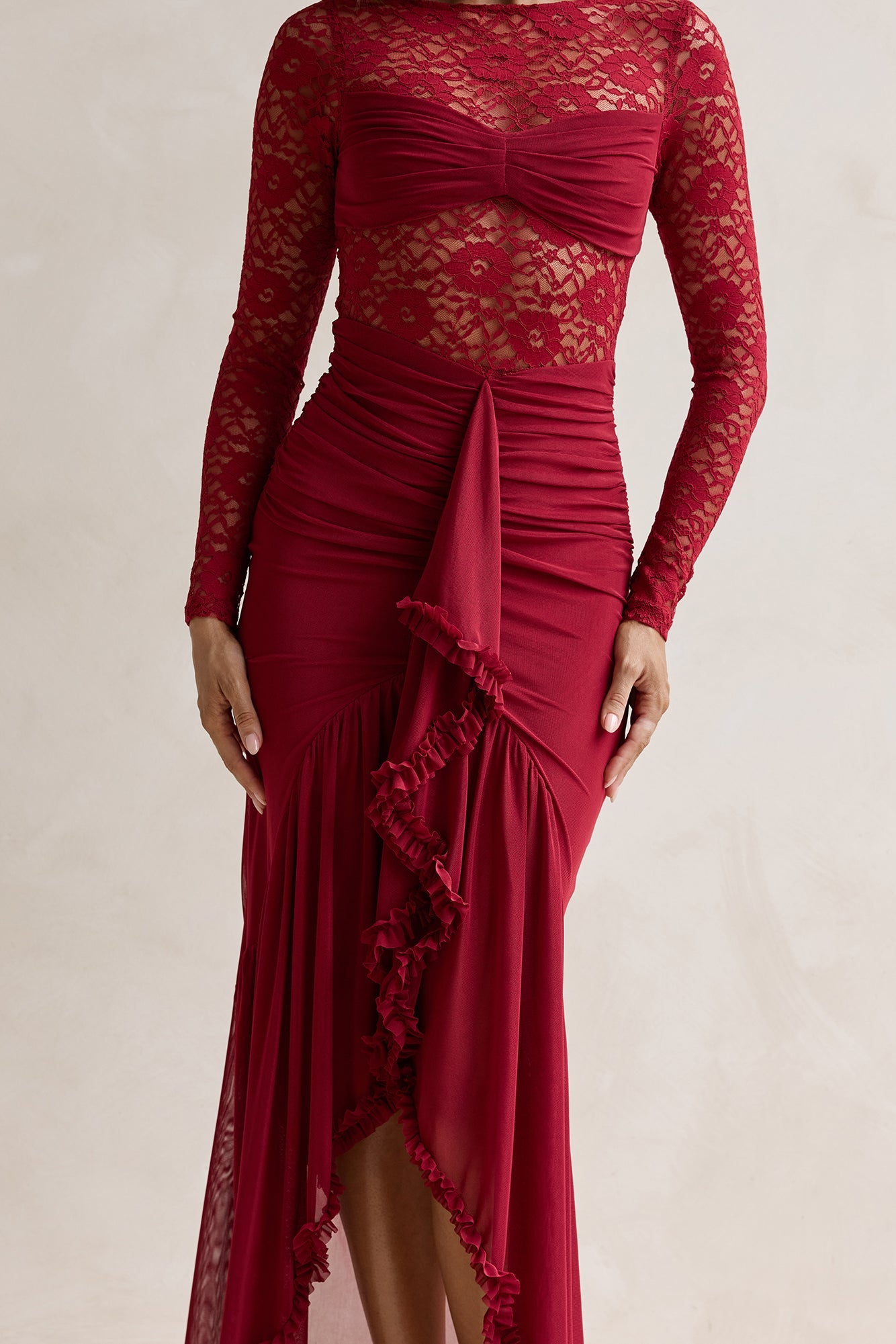 Flirtation Hour Lace Long Sleeve Maxi Dress Burgundy