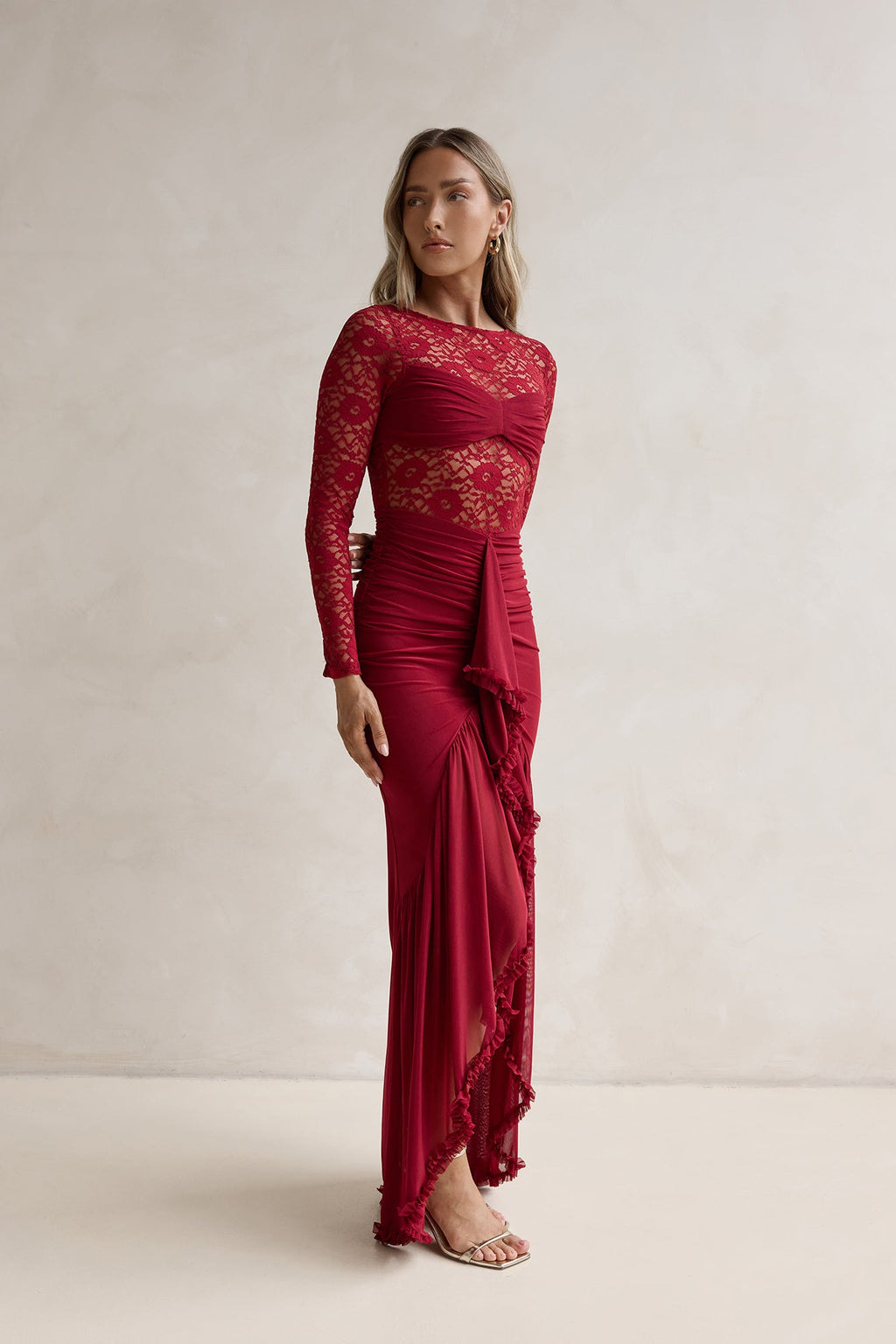 Flirtation Hour Lace Long Sleeve Maxi Dress Burgundy