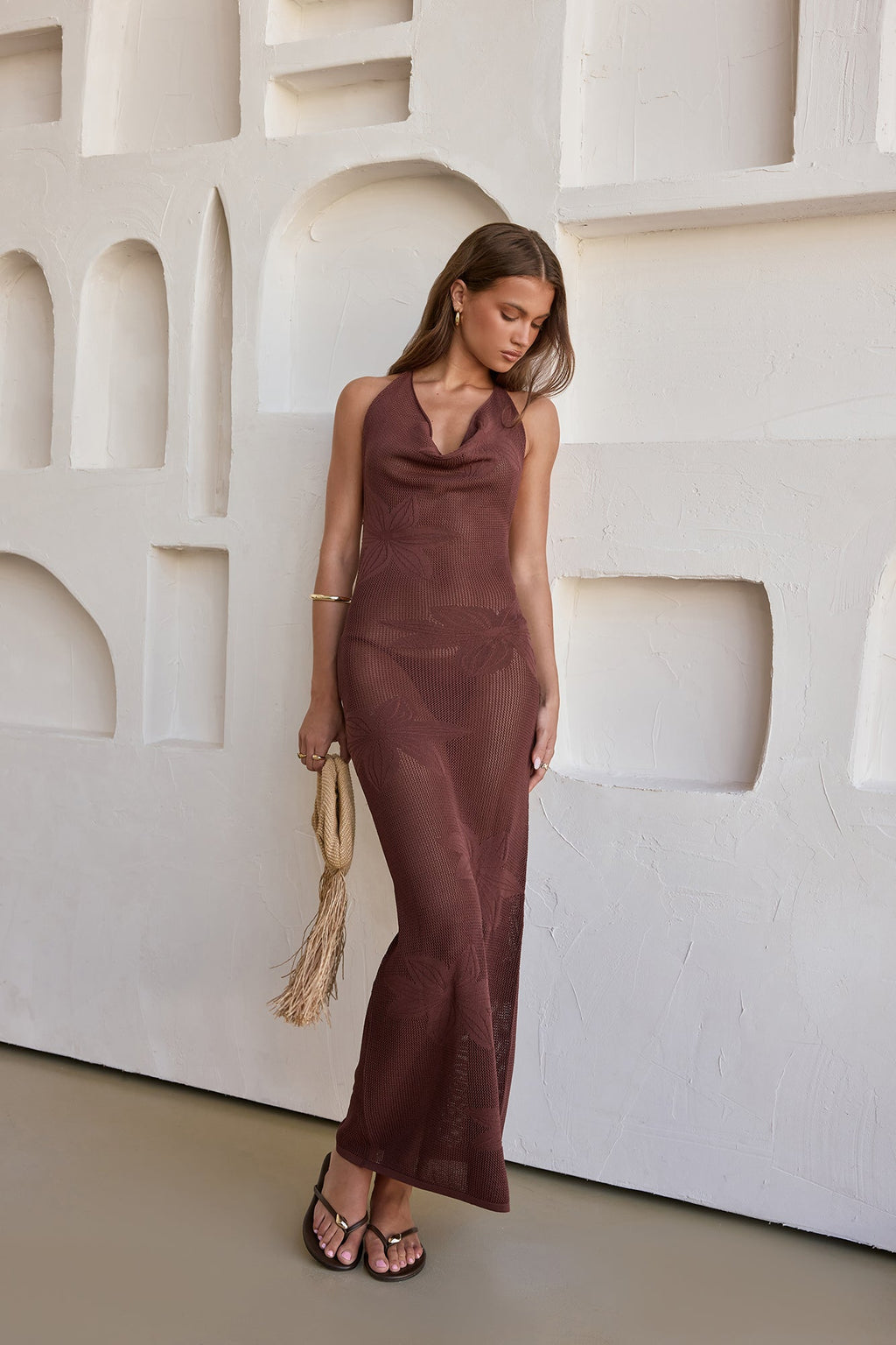 Flamingo Nights Halter Knit Maxi Dress Chocolate