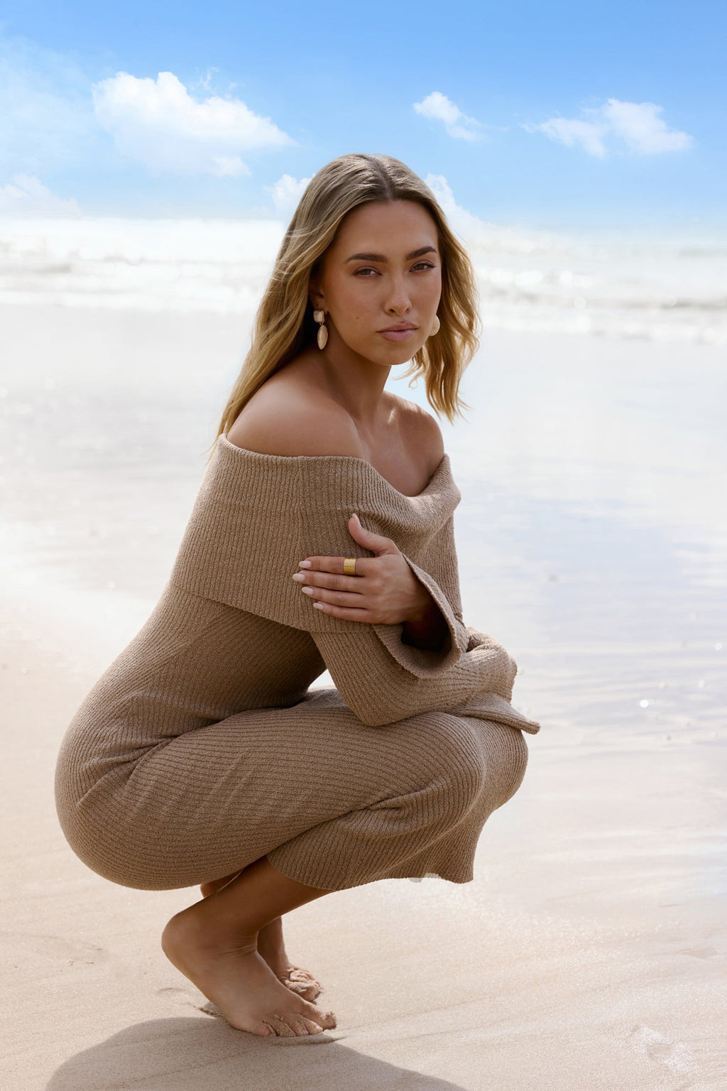 Caramel Kiss Knit Strapless Long Sleeve Maxi Dress Mocha
