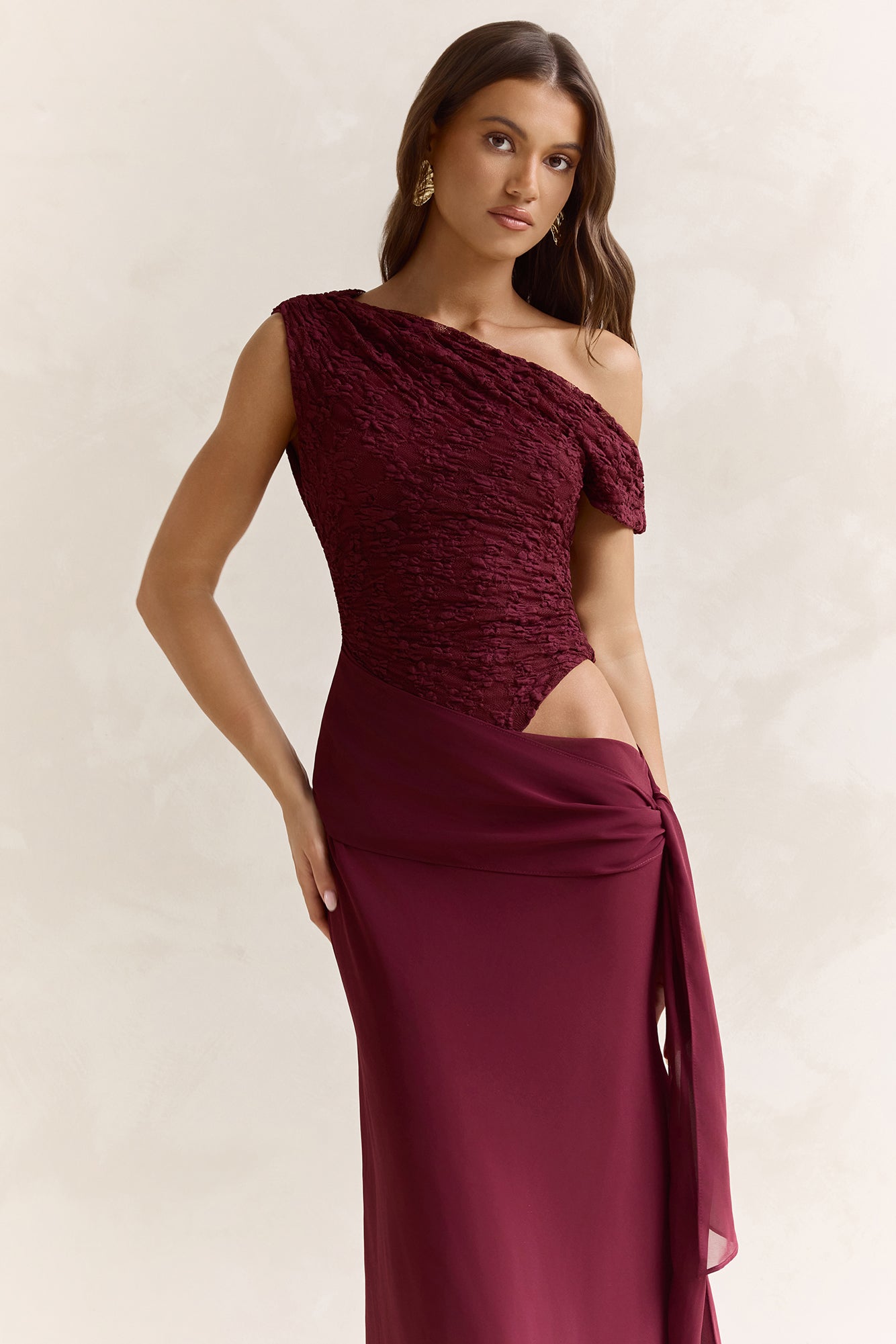 Modernity Mesh Off Shoulder Maxi Dress Burgundy