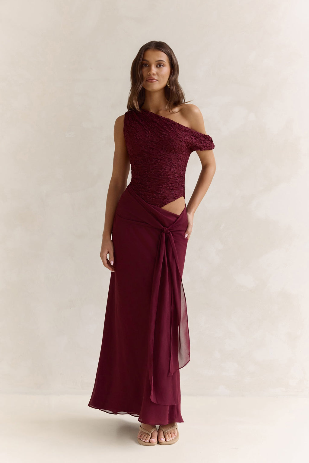 Modernity Mesh Off Shoulder Maxi Dress Burgundy