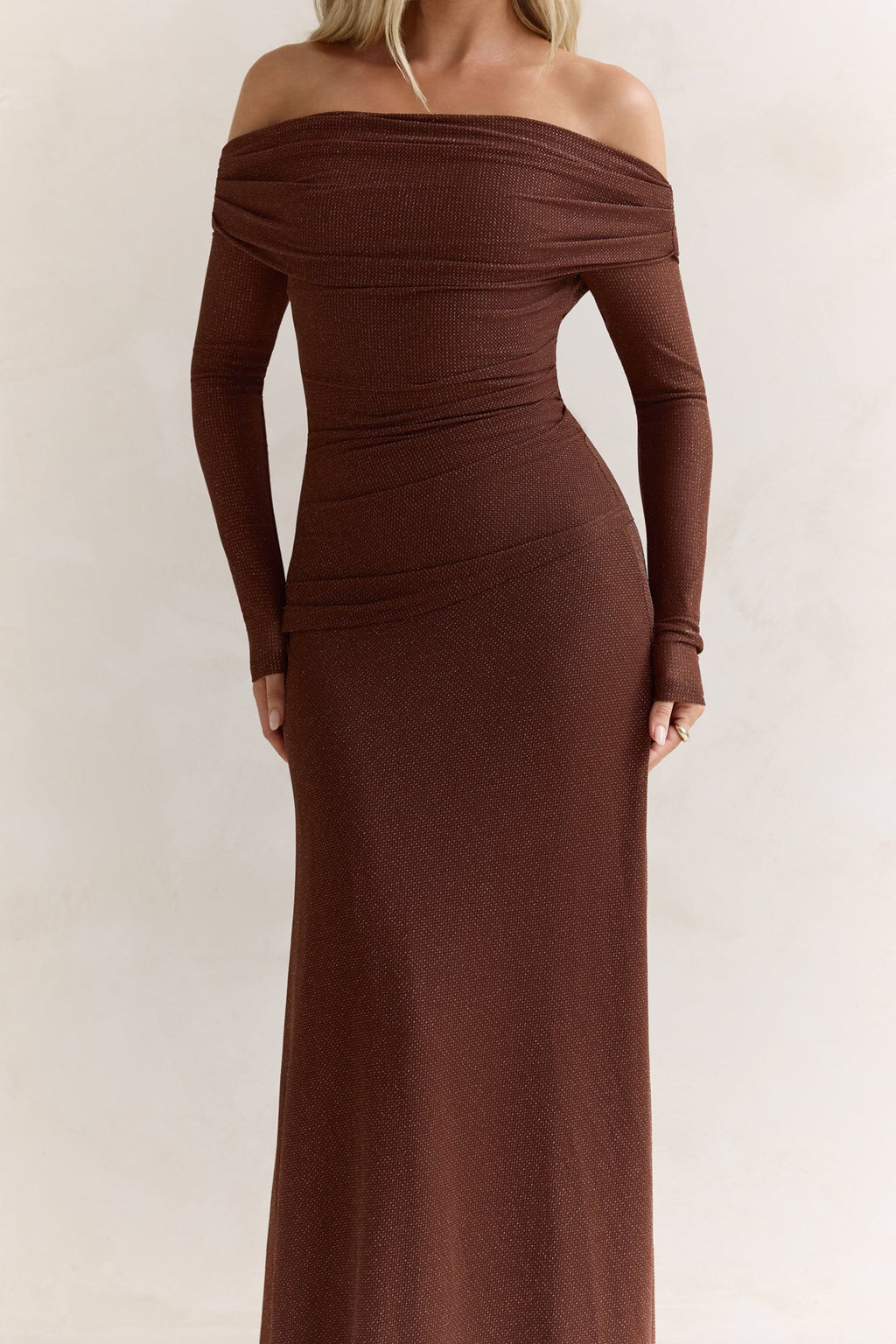Carmelita Long Sleeve Off Shoulder Maxi Dress Brown