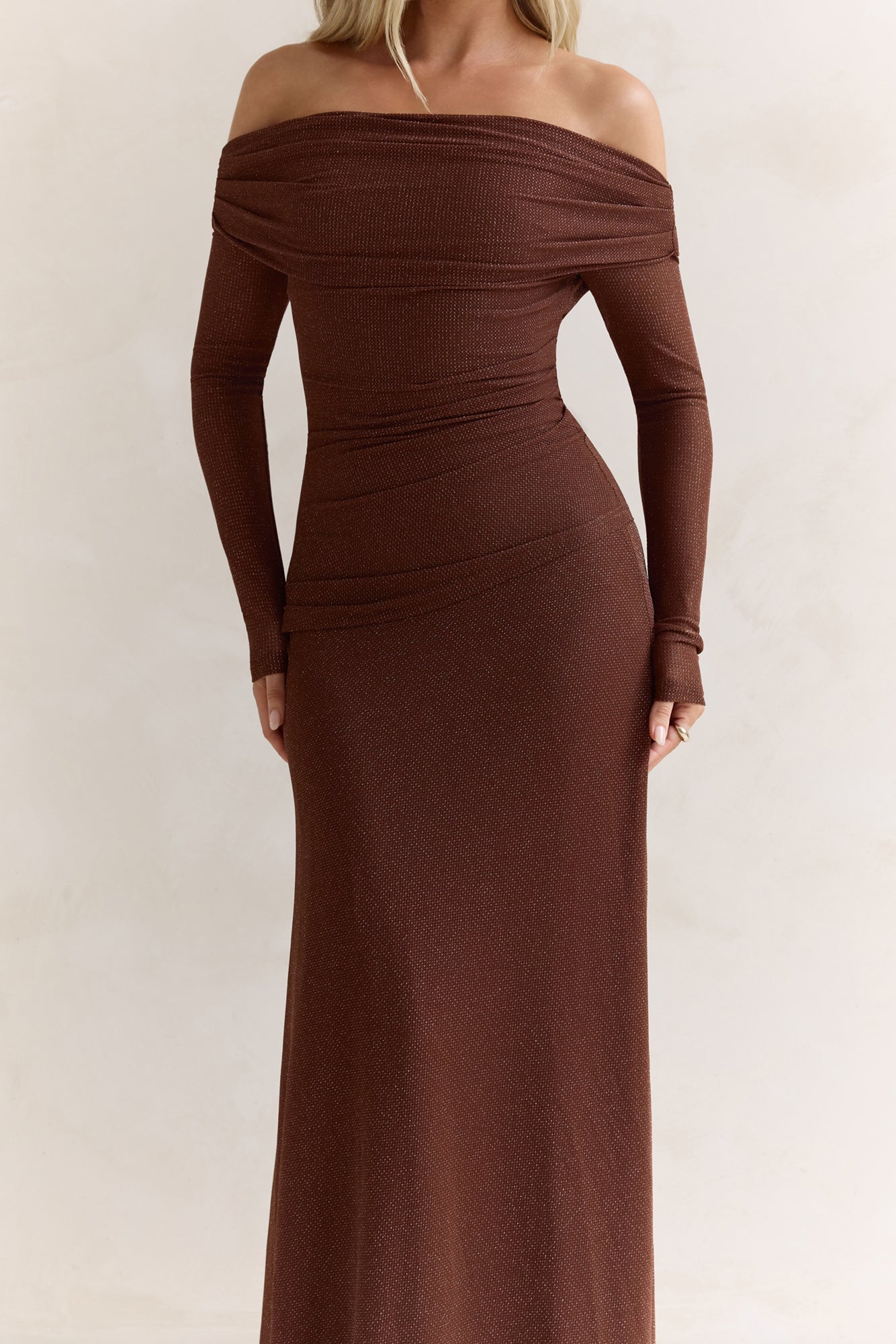 Carmelita Long Sleeve Off Shoulder Maxi Dress Brown