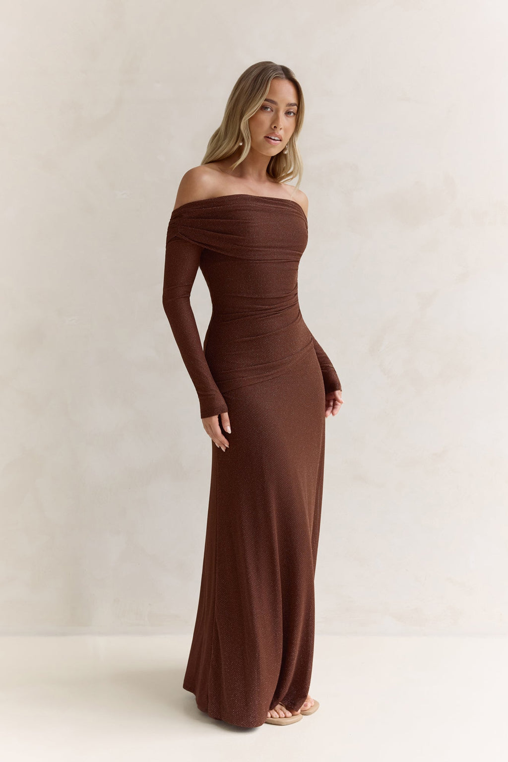 Carmelita Long Sleeve Off Shoulder Maxi Dress Brown