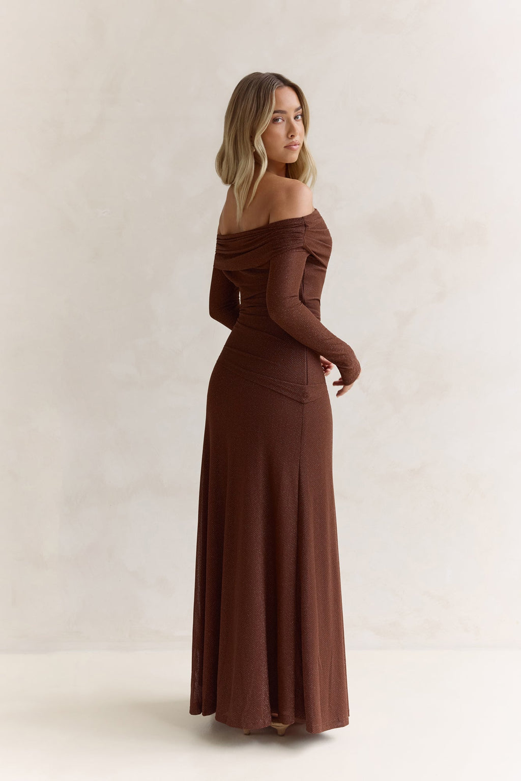Carmelita Long Sleeve Off Shoulder Maxi Dress Brown
