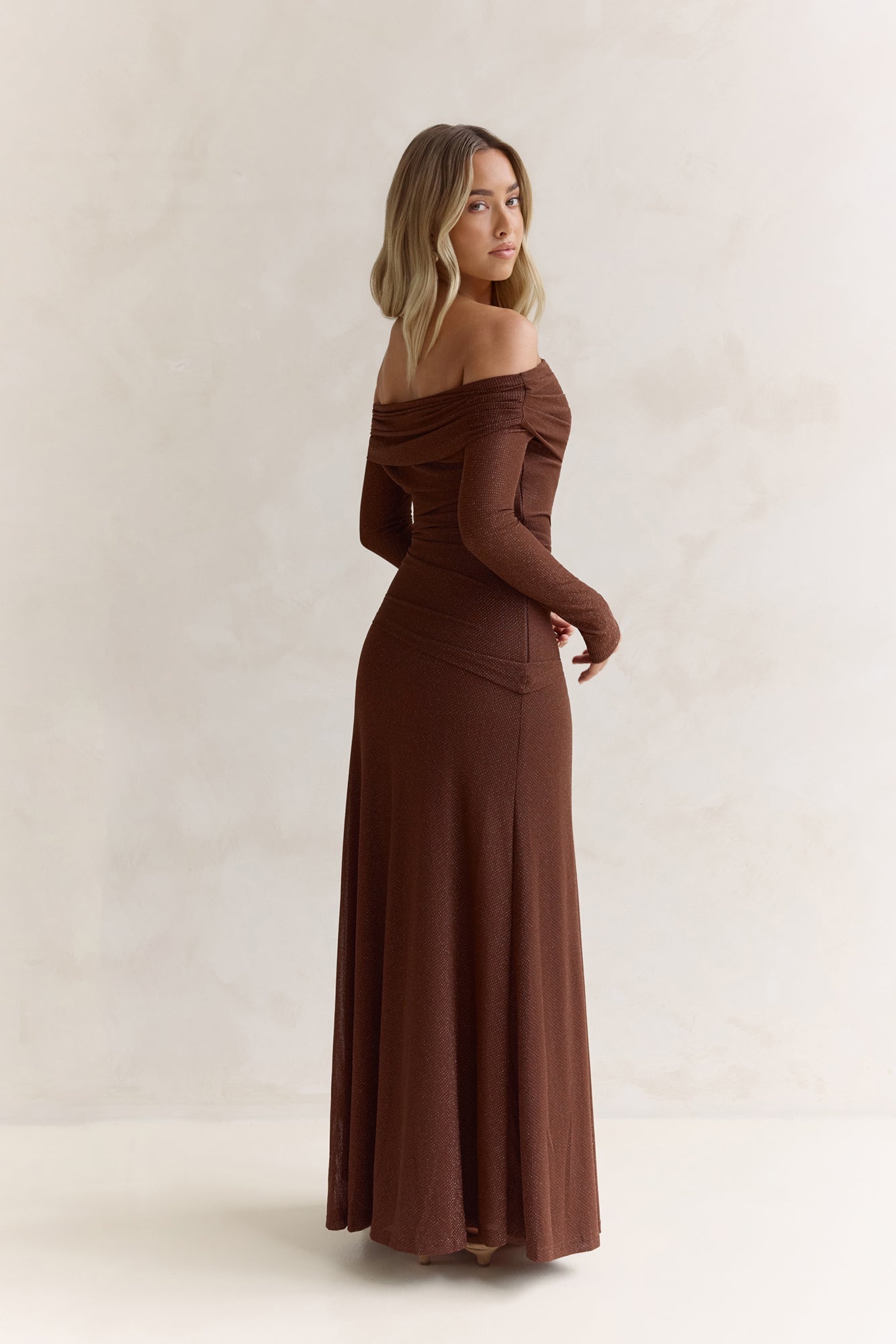 Carmelita Long Sleeve Off Shoulder Maxi Dress Brown