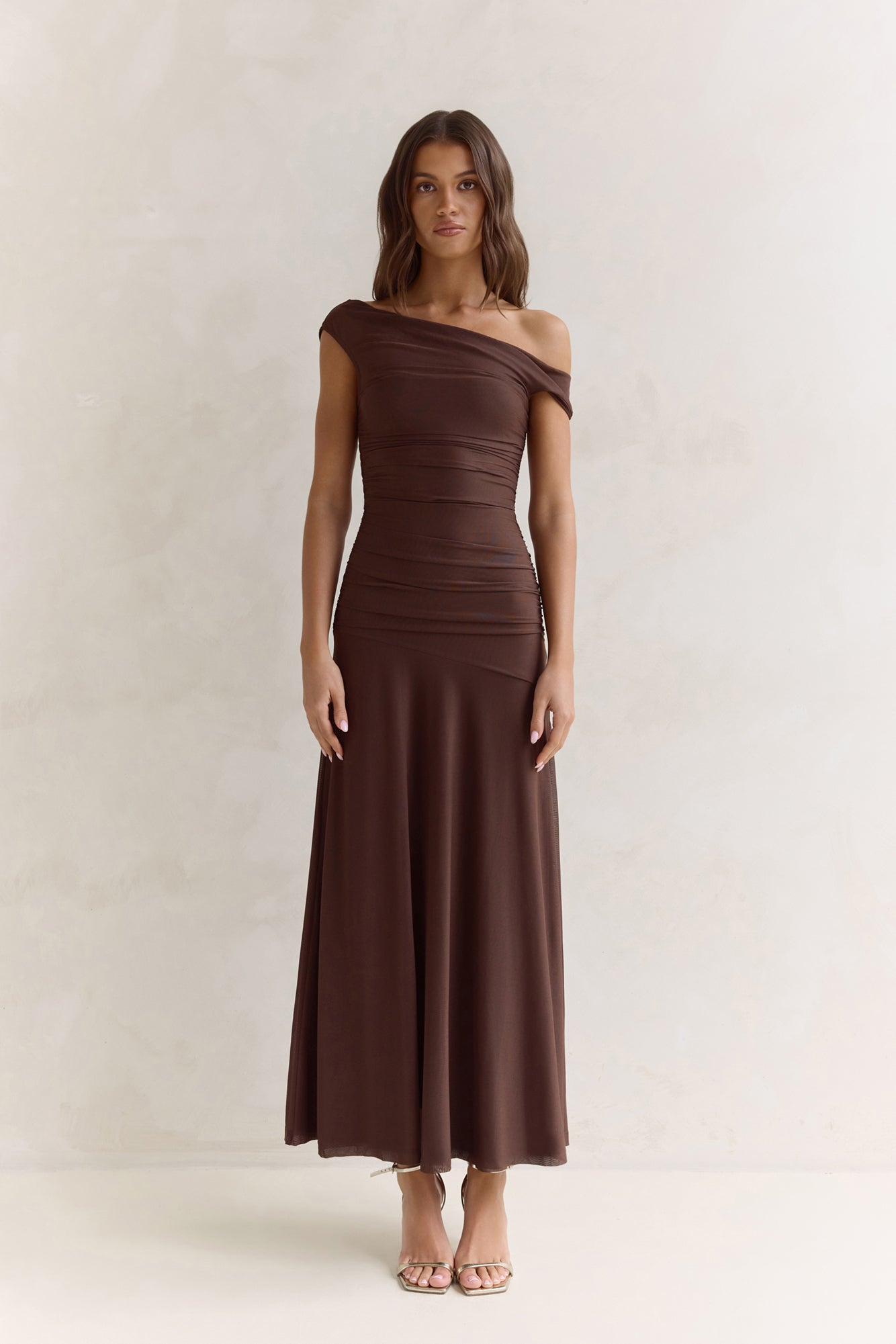 Coffee And Wine Mesh Off Shoulder Maxi Dress Brown
