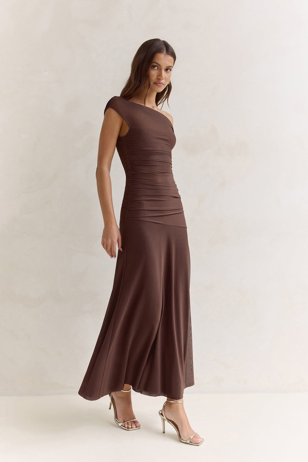 Coffee And Wine Mesh Off Shoulder Maxi Dress Brown