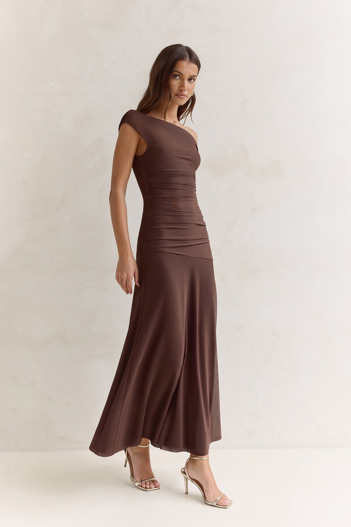 Coffee And Wine Mesh Off Shoulder Maxi Dress Brown