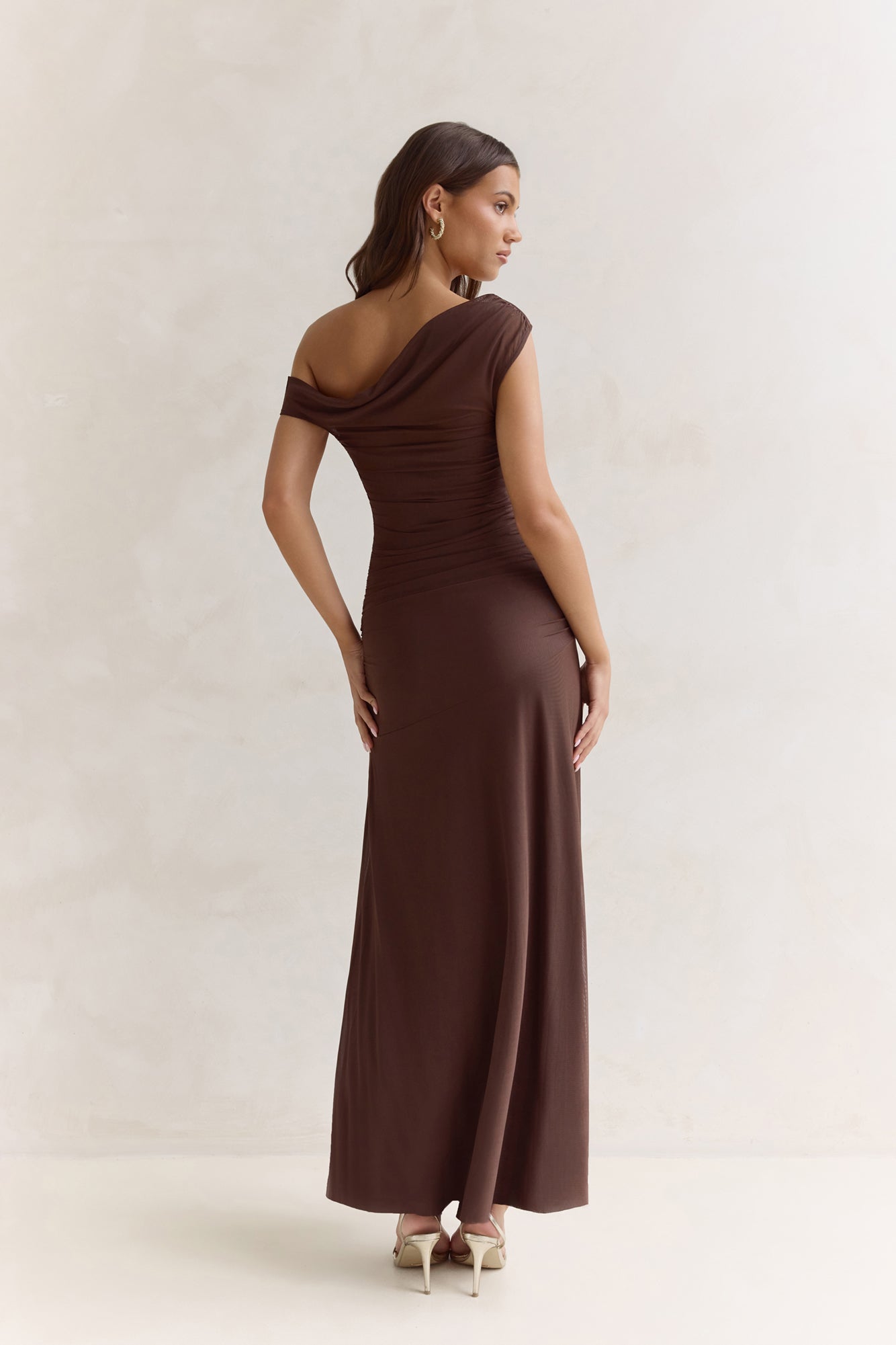 Coffee And Wine Mesh Off Shoulder Maxi Dress Brown