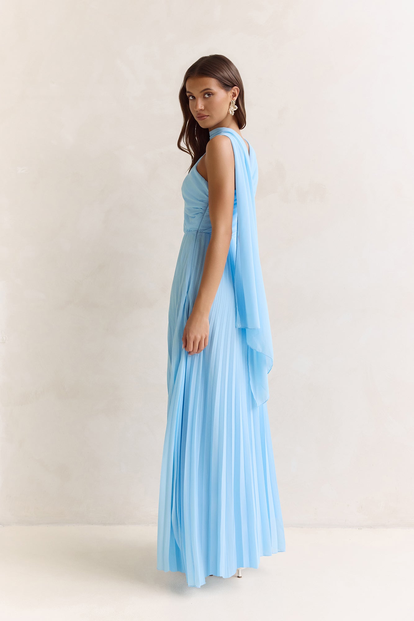 Main Muse Plisse One Shoulder Maxi Dress Blue